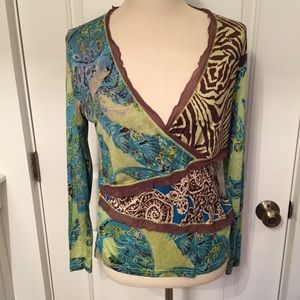 LYNN RITCHIE TOP TEE LONG SLEEVE GREEN BROWN MULTI COLOR PRINTS V-NECK Size M